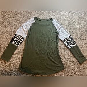 Olive Green Long Sleeve Top with Patterned Sleeves